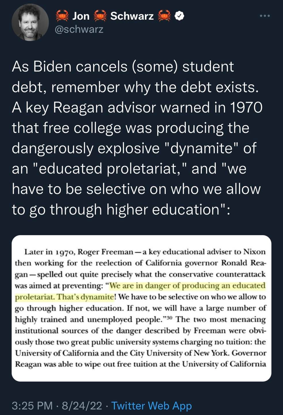 This meme is a screenshot of a tweet from a Twitter user named @schadenfreude, which reads: "As Biden cancels student loans, remember why the student loan debt crisis started in the first place: because of a 1970s law that let colleges get rich off student loans, not tuition. That's why the student loan debt crisis started in the first place." The tweet is accompanied by a screenshot of a 1970s-era law that allowed colleges to get rich off student loans, not tuition.